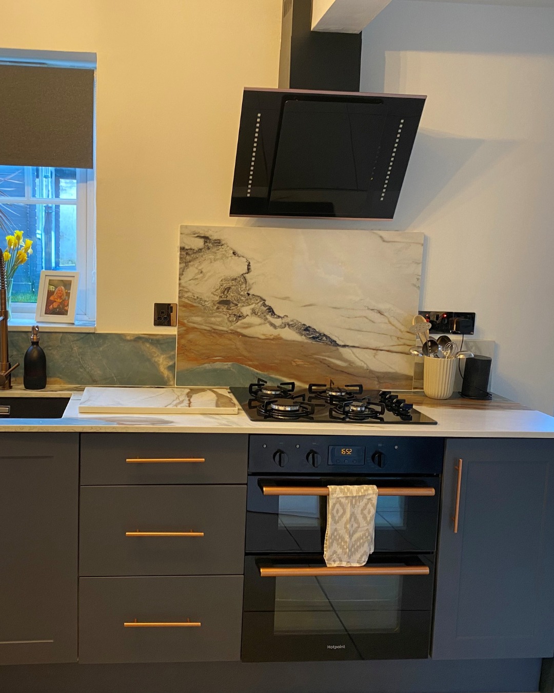 Real customer kitchen with super matt indigo blue Venice slab kitchen doors in a sleek modern design