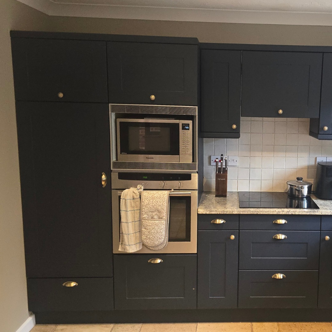 Real customer kitchen featuring super matt indigo blue shaker kitchen doors in a classic design