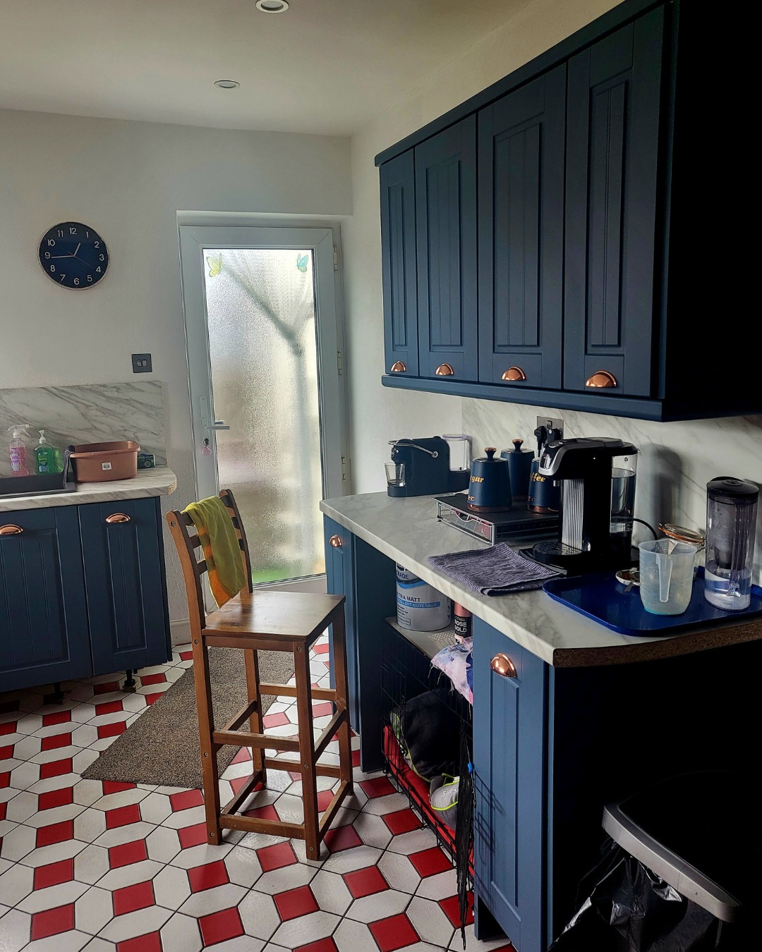 Real customer kitchen with super matt indigo blue tongue and groove kitchen doors in a classic panelled design