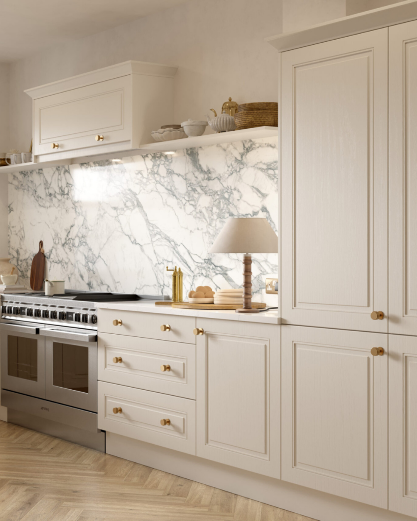 Neutral, decorative Shaker style kitchen.