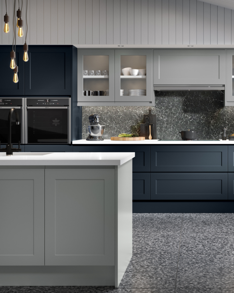 Shaker style handleless kitchen in supermatt white and supermatt indigo blue.