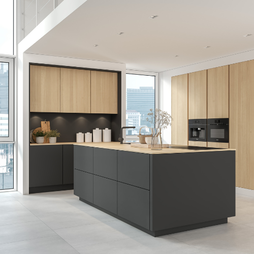 Kitchen with matt charcoal grey and light vicenza oak handleless doors.