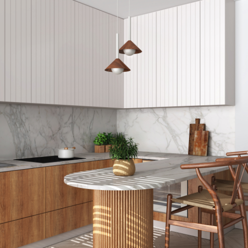 Kitchen with oak woodgrain handleless doors and vertical tongue and groove doors, with a wooden dining table.