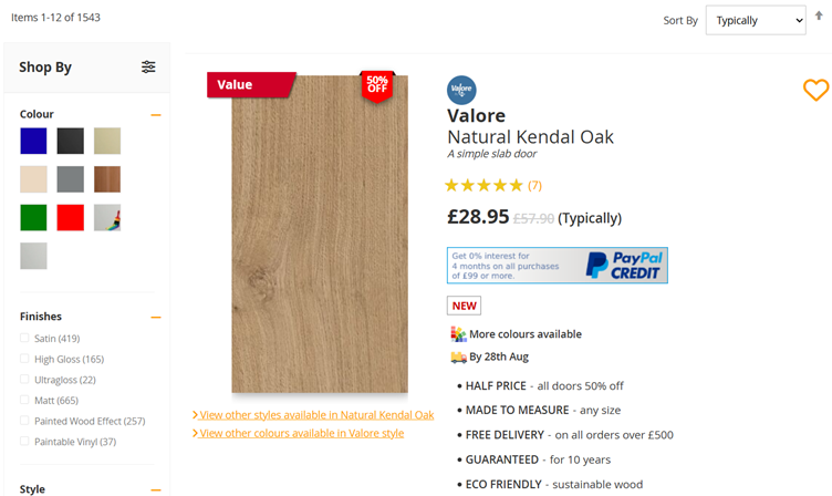 Screenshot of webpage featuring Valore Natural Kendal Oak doors, and 'Sort By' filter set to 'Typically'.