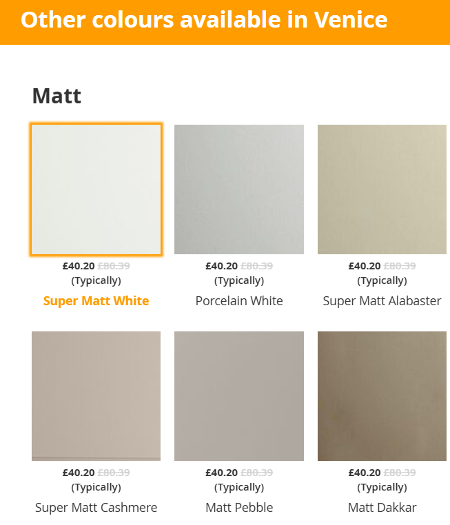 Website sreenshow showing colour swatches with 