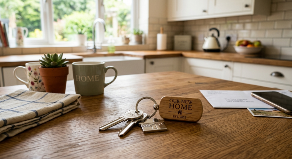 new home keys on kitchen table